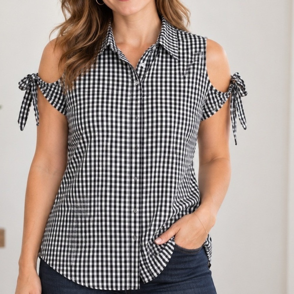 Cato Top Women Large Blue Gingham Cold Shoulder Feminine Festival Cottagecore